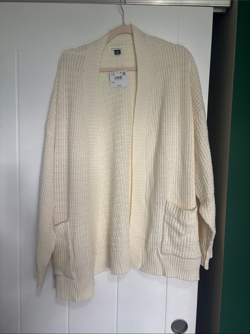American Eagle Cream Open-Front Ribbed Pocket Cardigan in XXL
